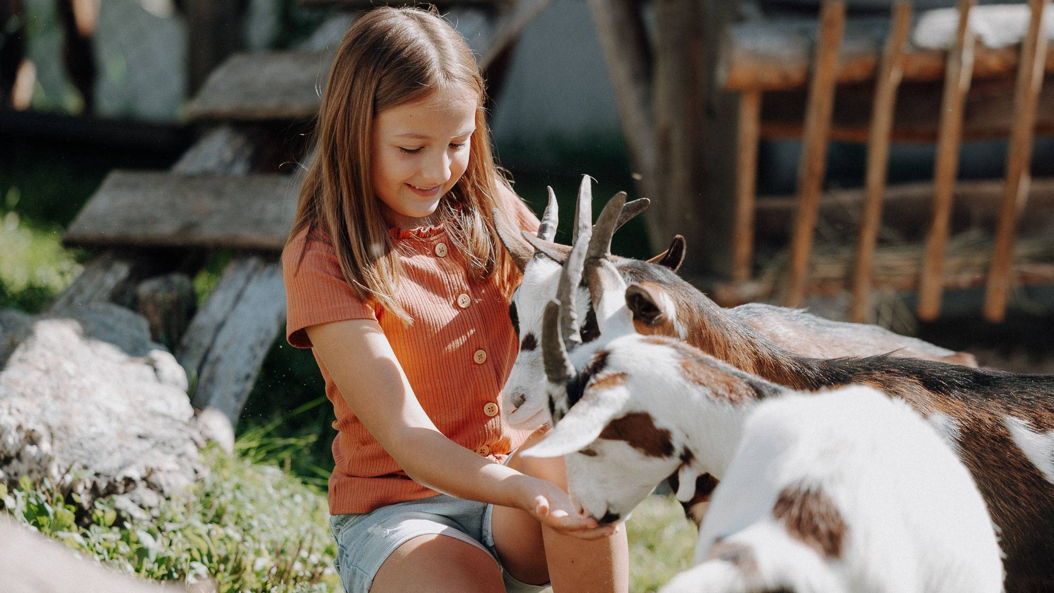Kind füttert Ziege aus der Hand im Familienhotel Oberkarteis in Salzburg