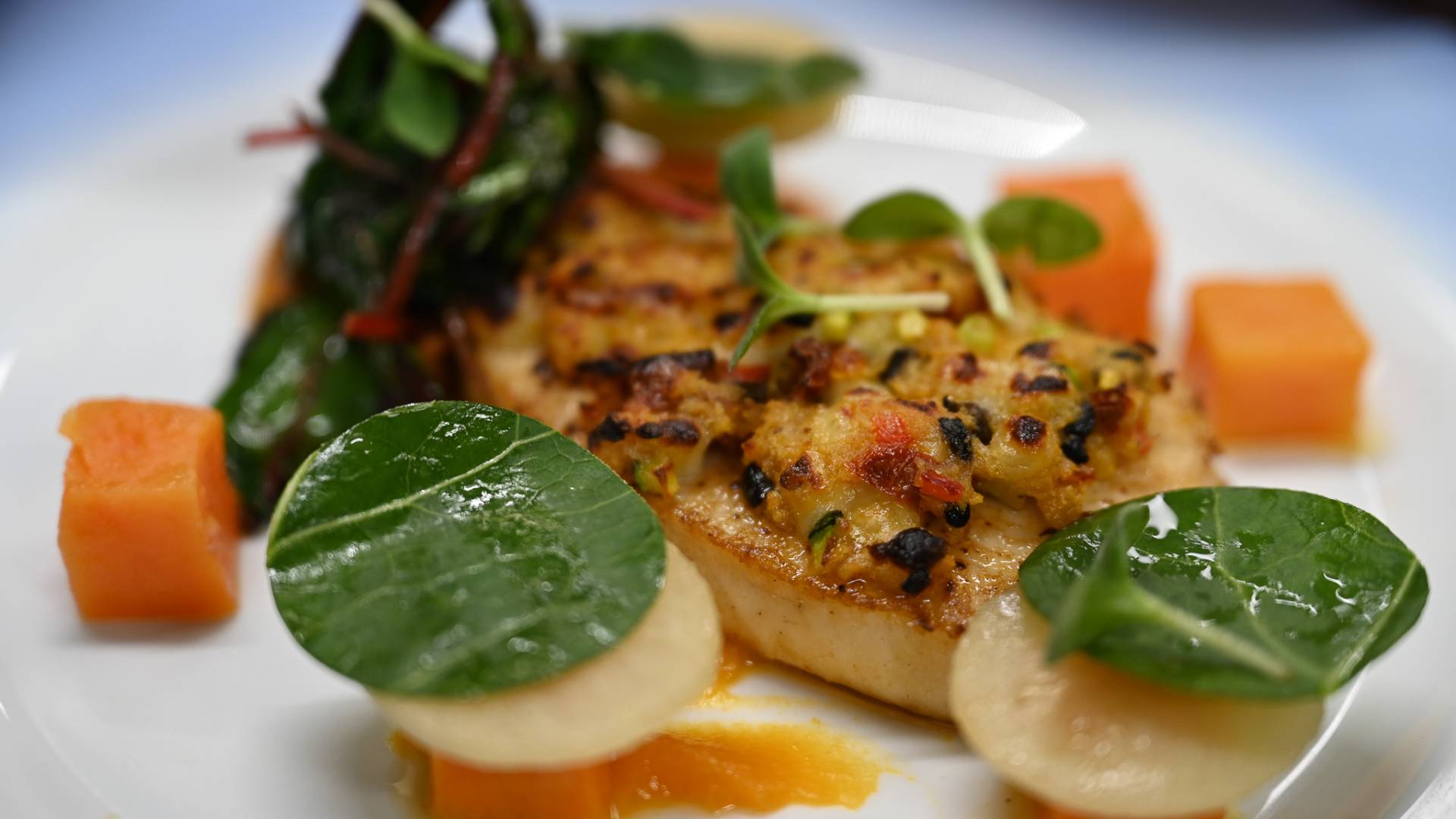 Fein angerichtetes Fischgericht mit frischen Kräutern und Gemüse im Hotel Oberkarteis im Salzburger Land