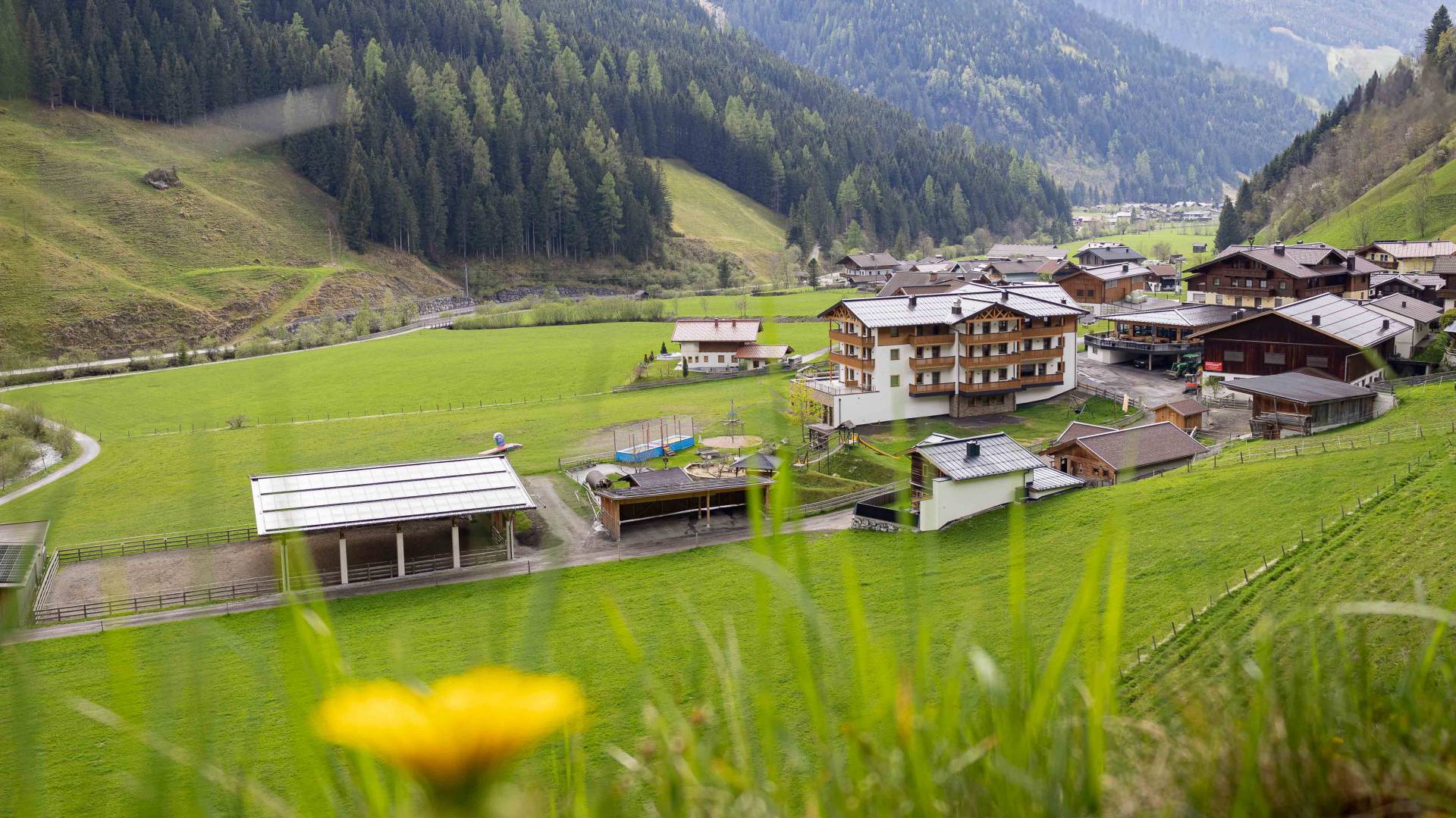 Familienhotel Oberkarteis mit Reitplatz von oben im Frühling