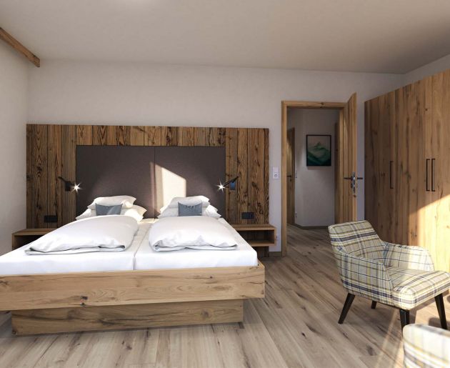 Neue moderne Familienzimmer mit Holzdetails
